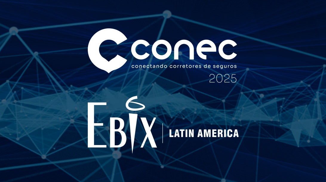 Fundo azul com ligações em forma de linha, com a logomarca do evento CONEC e logo abaixo, a logomarca da Ebix Latin America.
